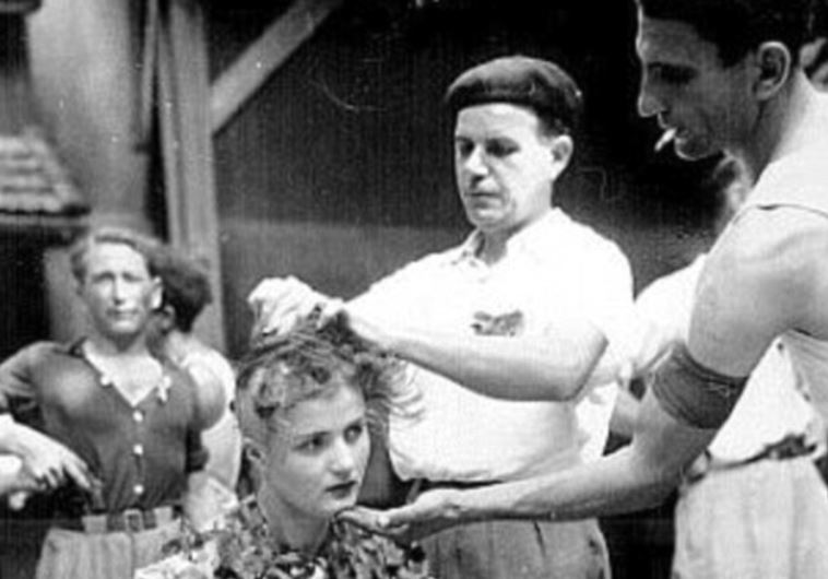 גילוח ראשה של אשה צרפתיה בזנות עקב כך שקיימה יחסי מין עם גרמני בתקופת מלחמת העולם השנייה, צרפת. צילום מסך
